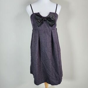 Button Bow Front Wool Blend Dress Womens Medium Purple Tweed Smocked Strappy